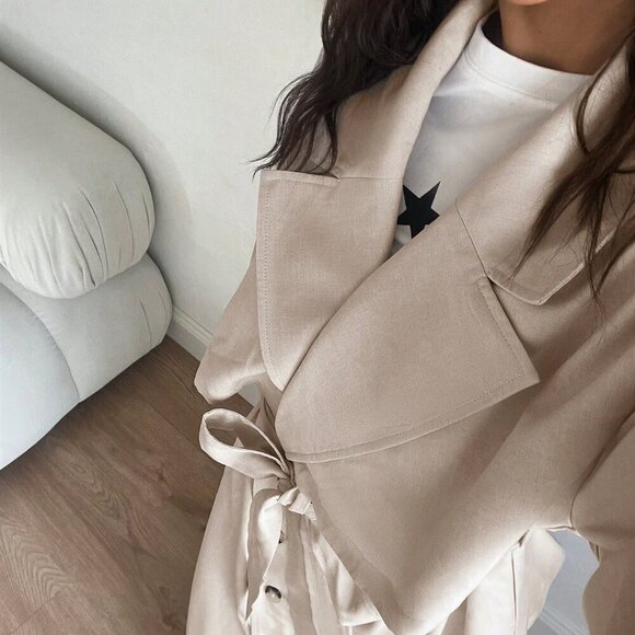 Apricot Elegant Women's Long Overcoat With Double-Breasted Buttons - Picture 7 of 7